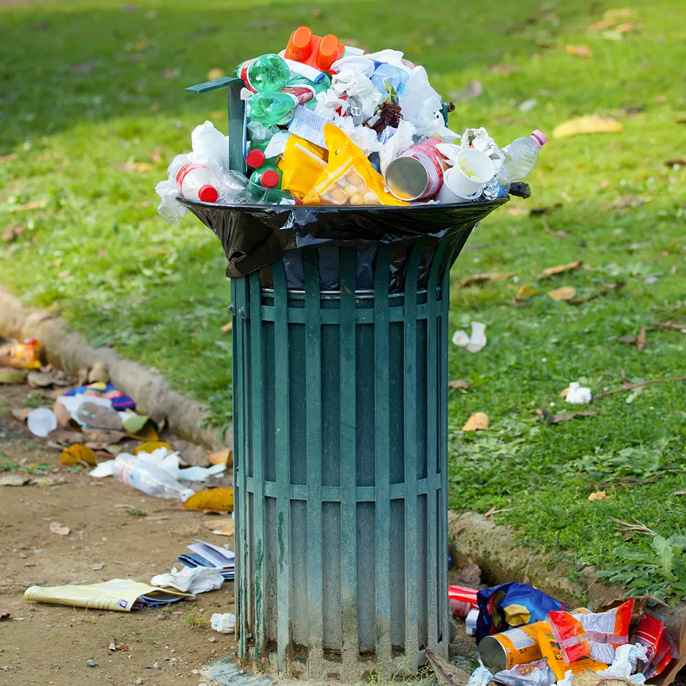 Overflowing bin and dumped rubbish on a suburban street